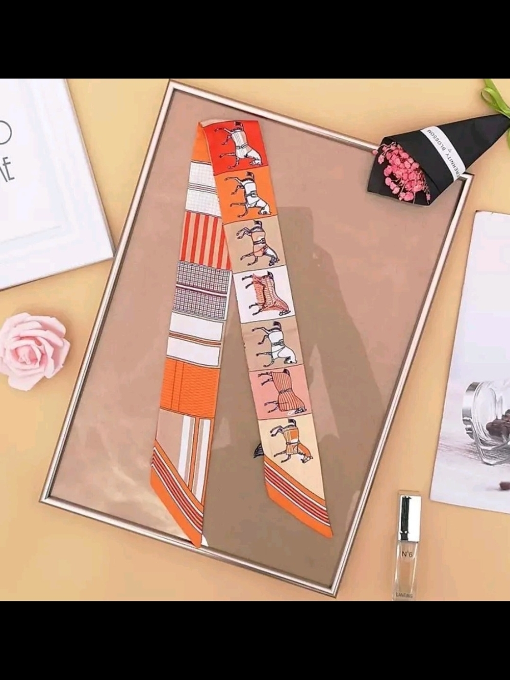 Silky Horse-Print Skinny Scarf in Orange and Peach